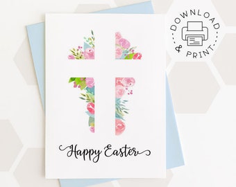 Happy Easter Printable Card / Floral Cross Card Template / Instant Download PDF
