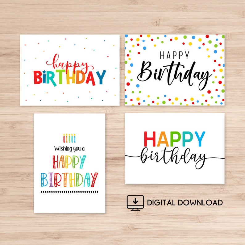 Set of 4 Printable Birthday Cards / Happy Birthday Card / | Etsy