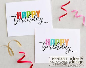 Set of 2 Printable Happy Birthday Cards / Instant Download / Minimal Card Template