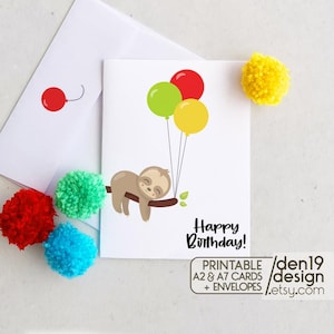 Happy Birthday druckbare Karte und Umschlag / Instant Download PDF / Faultier Geburtstagskarte Vorlage