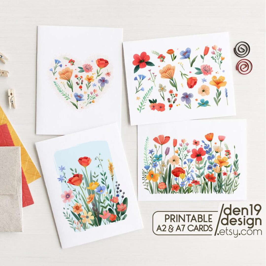Set of 4 Printable Floral Cards / Blank Notecard Template / Instant ...