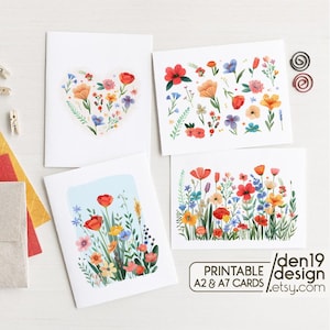 Set of 4 Printable Floral Cards / Blank Notecard Template / Instant Download