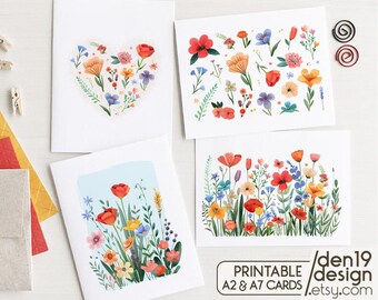 Lot de 4 cartes florales imprimables / modèle de carte de correspondance vierge / téléchargement immédiat