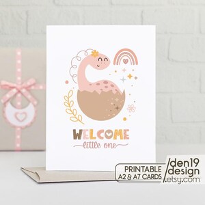Afdrukbare Welcome Little One Card / kaartsjabloon babymeisje dinosaurus / Instant download pdf