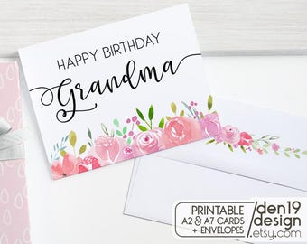 Floral Happy Birthday Grandma Card: Printable A2/A7 Card & Envelope (PDF)