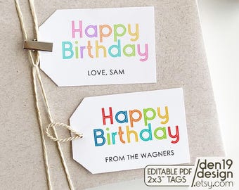 Editable Happy Birthday Gift Tags: Printable PDF Labels
