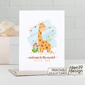 Cartão de boas-vindas ao mundo para impressão - Pequeno / Modelo de cartão de girafa bebê / Download instantâneo em PDF
