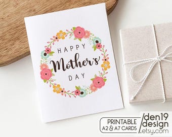Happy Mother's Day Printable Card / Floral Wreath Card Template / Instant Download PDF