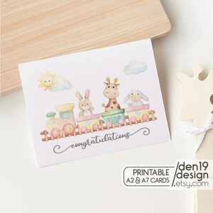 New Baby Card: Watercolor Animals Train (PDF)