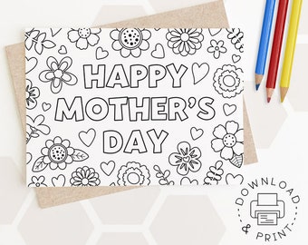 Printable Coloring Happy Mother's Day Card /  Coloring Greeting Card Template / Instant Download PDF