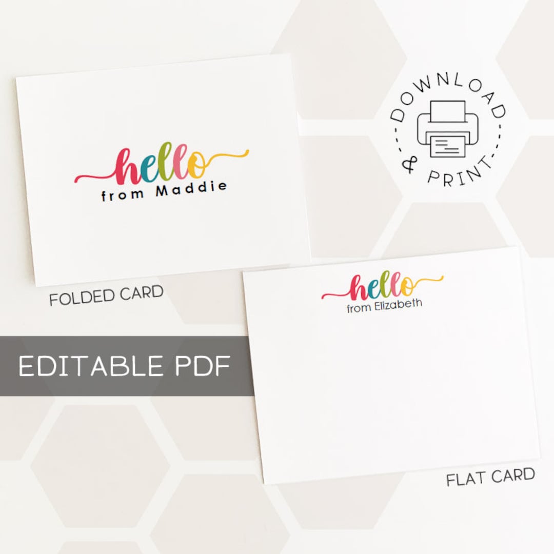 Hello Note Card Editable & Printable Hello Note Card / Flat and Foldable A2 Notecard ...