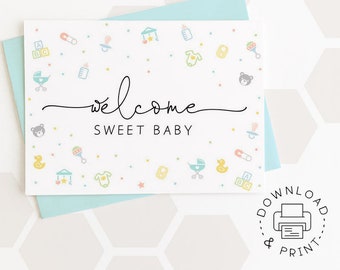 Welcome Sweet Baby Printable Card / Instant Download PDF / Baby Card Template