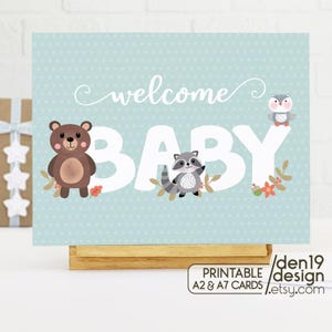 Cartão de boas-vindas para bebê para impressão / Cartão de bebê com animais da floresta / Download instantâneo em PDF / Modelo de cartão