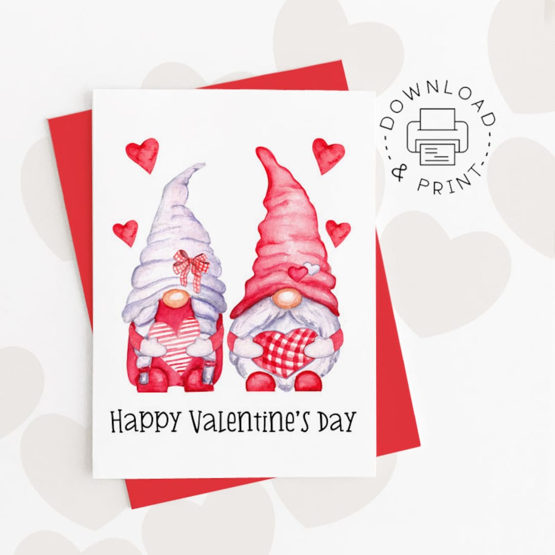 Happy Valentine's Day Printable Card / Instant Download PDF / Gnome ...