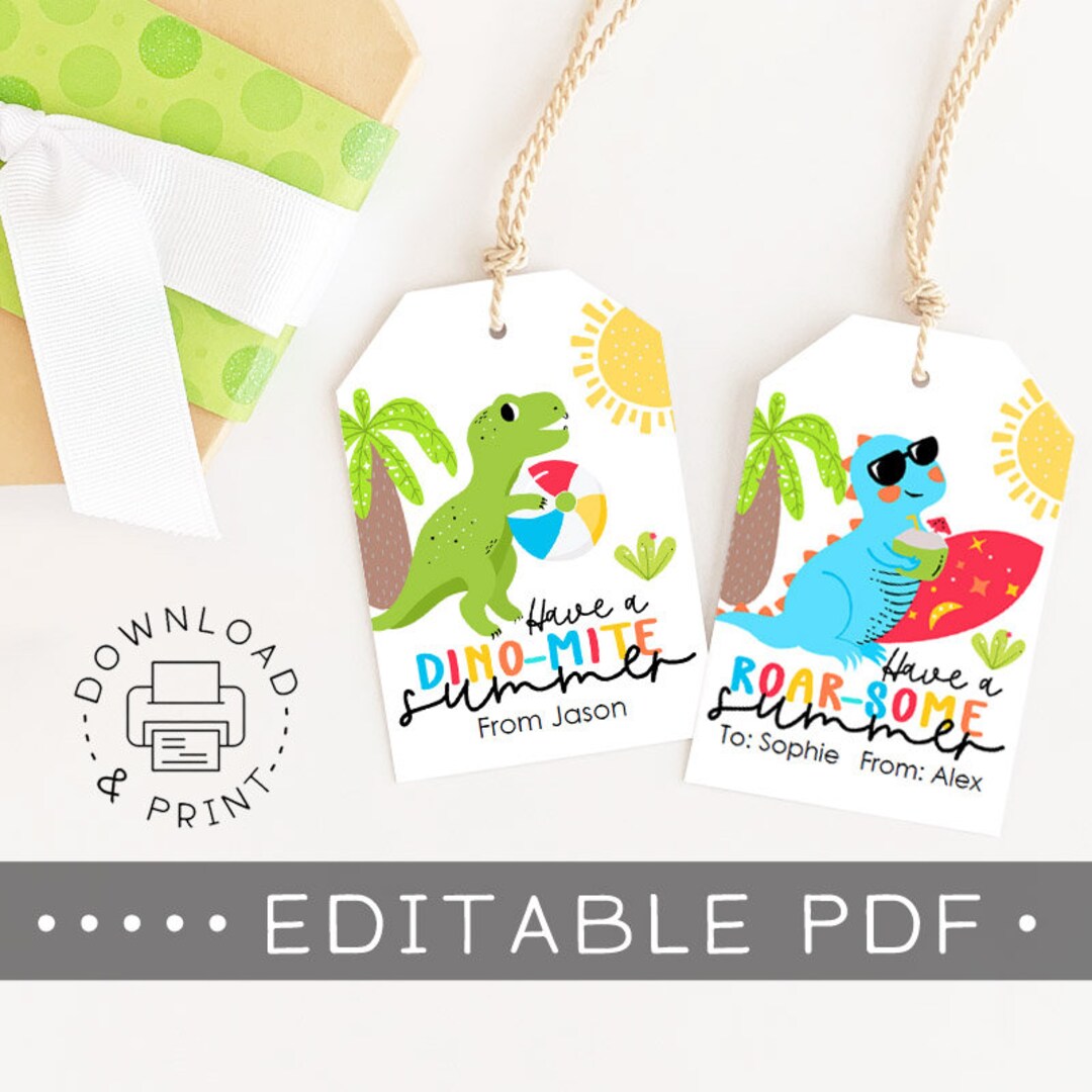 Editable &amp; Printable Summer Gift Tags / Beach Dinosaur Favor Tag / Have ...