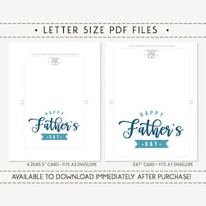 May include: Two white cards with the text "HAPPY Father's DAY" in blue script. One card is 4.25x5.5 inches and fits an A2 envelope, the other is 5x7 inches and fits an A7 envelope. The text "LETTER SIZE PDF FILES" is at the top.
