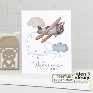 Tarjeta de bienvenida para bebé imprimible / Plantilla de tarjeta de avión vintage para bebé / Descarga instantánea en formato PDF