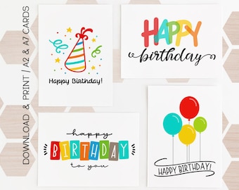 Set of 4 Printable Birthday Cards / Happy Birthday Card / Instant Download / Card Template