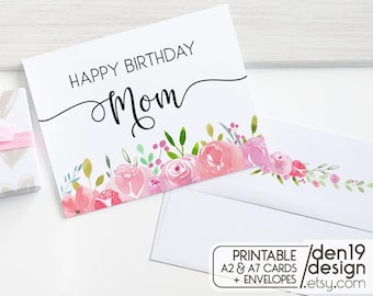Grattis på födelsedagen mamma-kort: Blommigt utskrivbart kort + kuvert (PDF)
