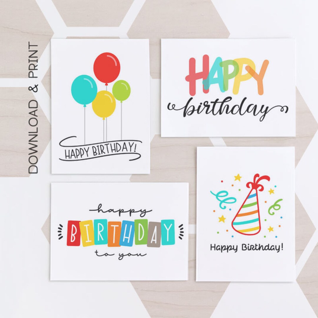 Set of 4 Printable Birthday Cards / Happy Birthday Card / Instant ...