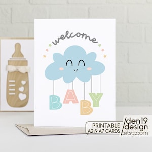 Afdrukbare welkomstbabykaart / Cloud Baby-kaartsjabloon / Instant download pdf