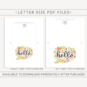 Hello Printable Card / Instant Download PDF / Card Template / Floral ...