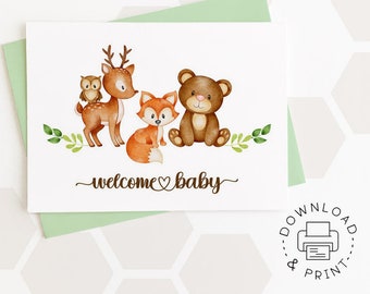 Welcome Baby Printable Card / Forest Animals Baby Card / Instant Download PDF / Card Template