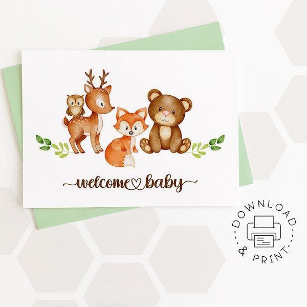 Welcome Baby Printable Card / Forest Animals Baby Card / Instant Download PDF / Card Template