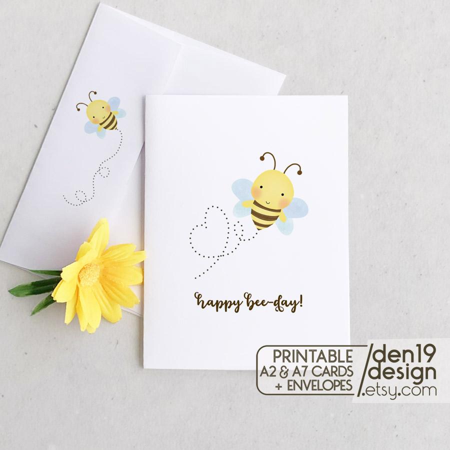 Happy Bee-Day Printable Card And Envelope / Instant Download PDF / Bee Birthday Card Template