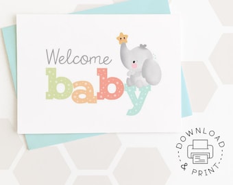 Printable Card Welcome Baby / Instant Download PDF / New Baby Card / Baby Shower Card Template