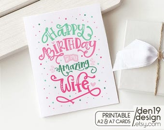 Happy Birthday Wife Card: Printable A2/A7 Card (Instant Download PDF)