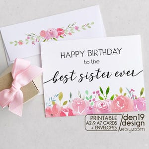 Tarjeta y sobre imprimibles de feliz cumpleaños a la mejor hermana del mundo / Descarga instantánea en PDF / Plantilla de tarjeta para hermanas