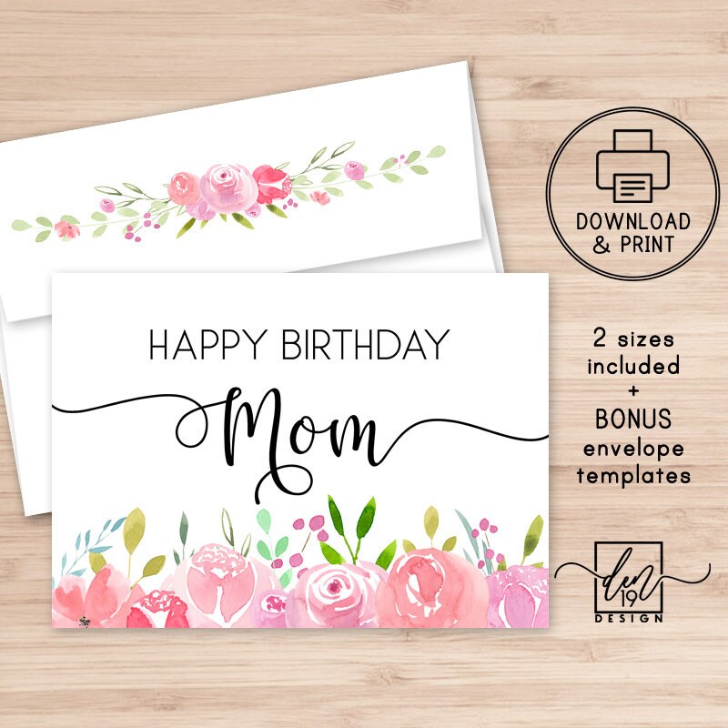 happy birthday mom printable card and envelope instant etsy norway