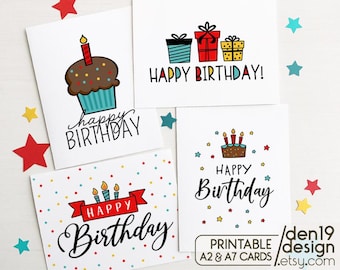 Conjunto de cartões de aniversário para impressão: cupcake, presentes (download digital)