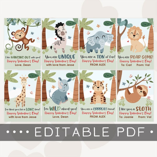 Editable & Printable 2.5x3.5" Cards / Kid's Valentine's Day Classroom Exchange Cards / Jungle Animals Valentine Cards