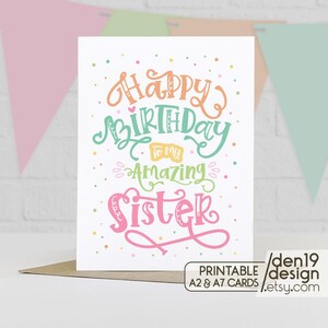 Cartão para impressão: Feliz aniversário para minha irmã incrível / Download instantâneo em PDF