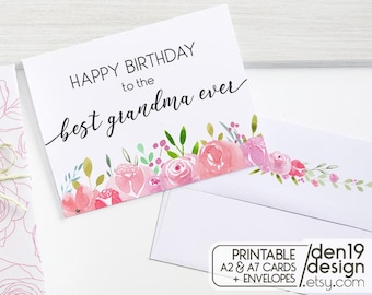 Grandma Birthday Card: Floral Design, A2/A7 Template (PDF Download)