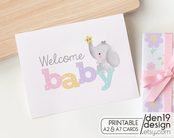 Welcome Baby Card: Elephant Design, A2/A7 Printable (PDF)