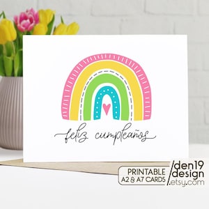 Carte imprimable et enveloppe Feliz Cumpleaños / Téléchargement instantané PDF / Modèle de carte arc-en-ciel / Carte espagnole