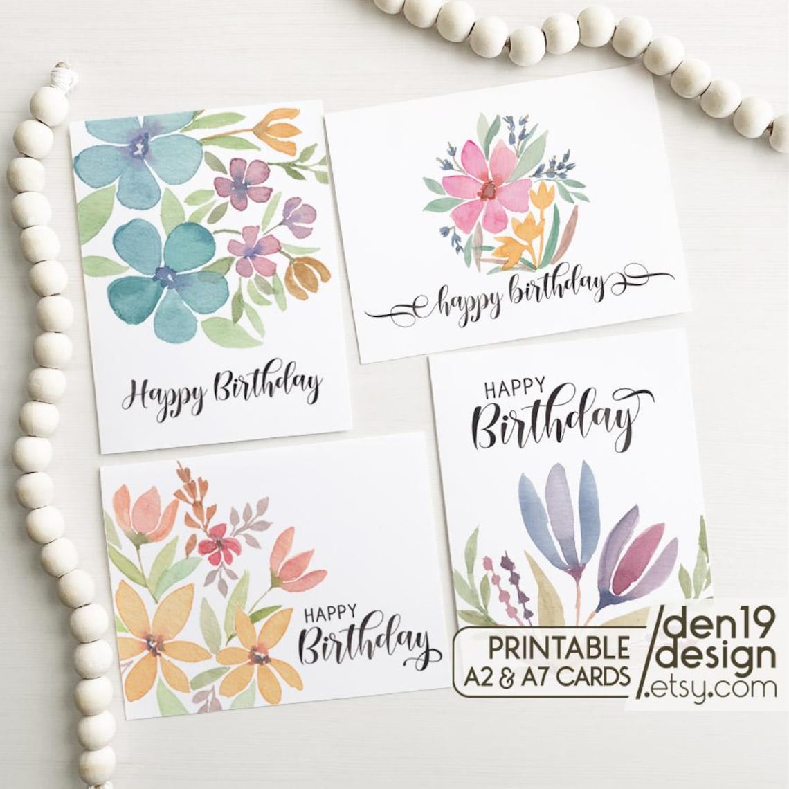 Floral Birthday Cards Set: Watercolor Flowers (PDF Download) - Etsy