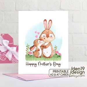 Biglietto di auguri stampabile per la festa della mamma / Modello di biglietto con coniglietto e mamma / Download immediato in PDF