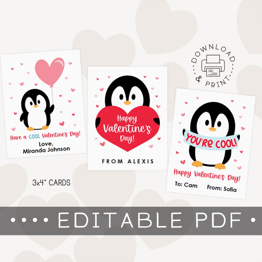 Editable &amp; Printable 3x4 Cards / Kids Valentine's Day Cards / Penguin ...