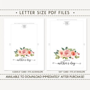May include: Two white cards with floral designs and the text "Happy Mother's Day." The cards are labeled as 4.25x5.5" and 5x7" and are designed to fit A2 and A7 envelopes. The text "Letter Size PDF Files" is at the top.