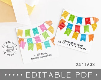 Editable & Printable Gift Tags / Colorful Bunting All Occasion Favor Tags / Instant Download PDF