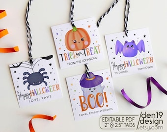 May include: Four square Halloween gift tags with black and white twine. Designs include a spider, a pumpkin with 'TRICK or TREAT', a bat with 'Happy HALLOWEEN', and a ghost with 'BOO!'. Text includes names and 'EDITABLE PDF 2" & 2.5" TAGS'.