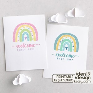 Cartes de vœux à imprimer : bienvenue à un petit garçon et bienvenue à une petite fille / téléchargement immédiat au format PDF / modèle de carte de voeux pour bébé arc-en-ciel