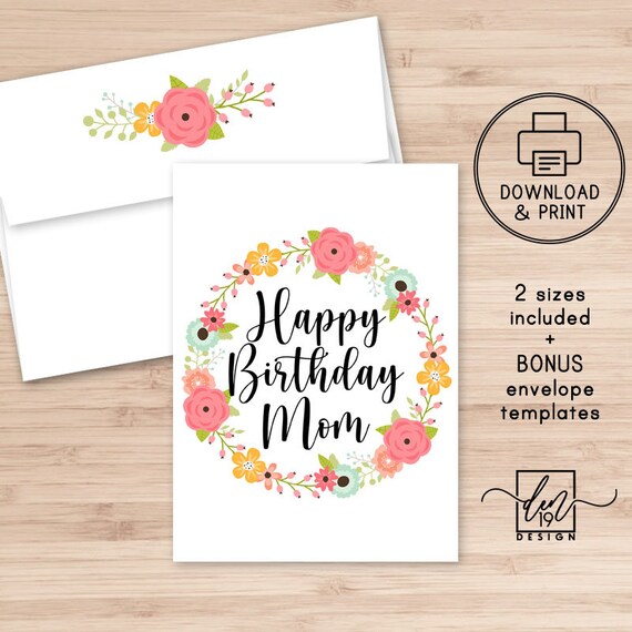 happy birthday mom printable card and envelope instant etsy