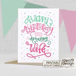 Cartão para impressão: Feliz aniversário para minha esposa incrível / Download instantâneo em PDF