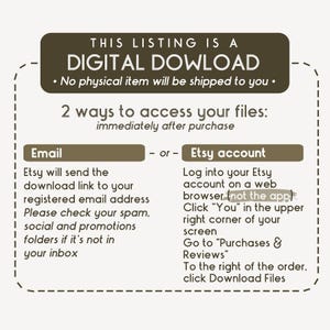 May include: A digital download listing with instructions on how to access files after purchase. Text includes "DIGITAL DOWNLOAD" and "No physical item will be shipped to you." Instructions are provided for accessing files via email or Etsy account.