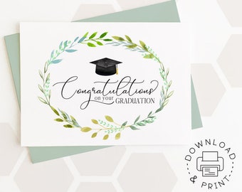 Printable Card Congratulations On Your Graduation / Instant Download PDF / Greenery Graduation Card Template